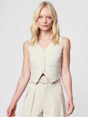 BlankNYC Linen Blend Vest Waistcoat Bleached Sand Oatmeal Oat Sleeveless Top